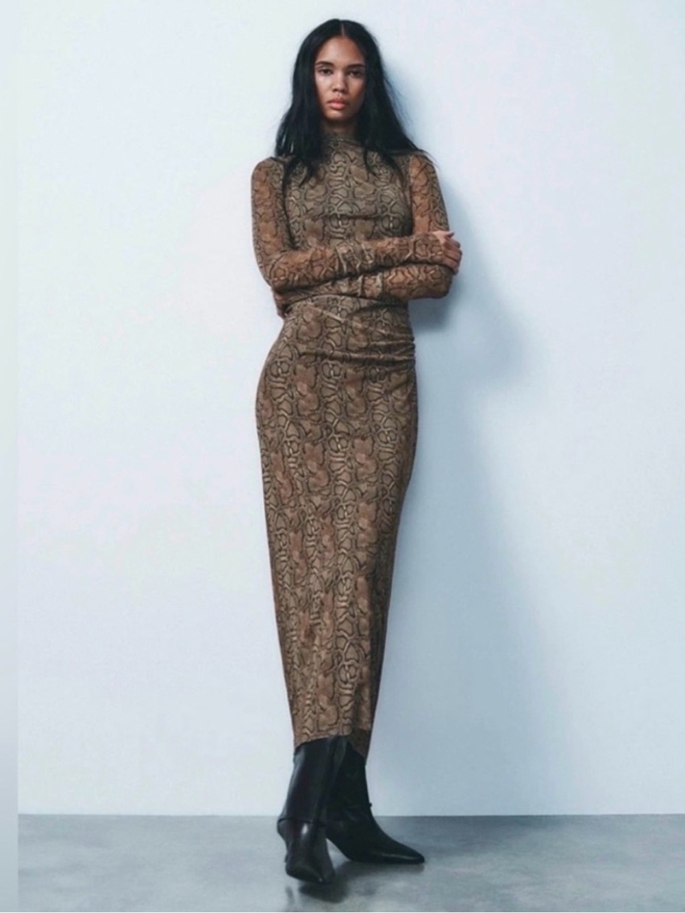 Zara Brown Long Sleeve Snake-Print Maxi Dress Medium